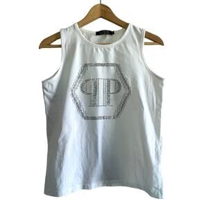PHILIPP PLEIN white sleeveless embellished crystal logo spellout shirt top